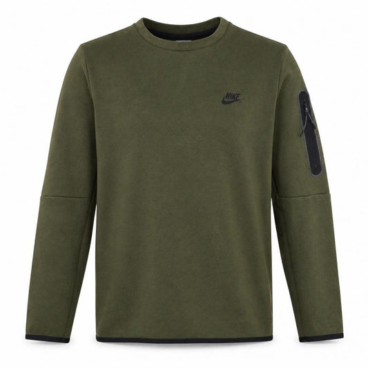 Front view of Nike Men's Green L Crew Neck Pullover Sweatshirt with Logo Zip Pocket