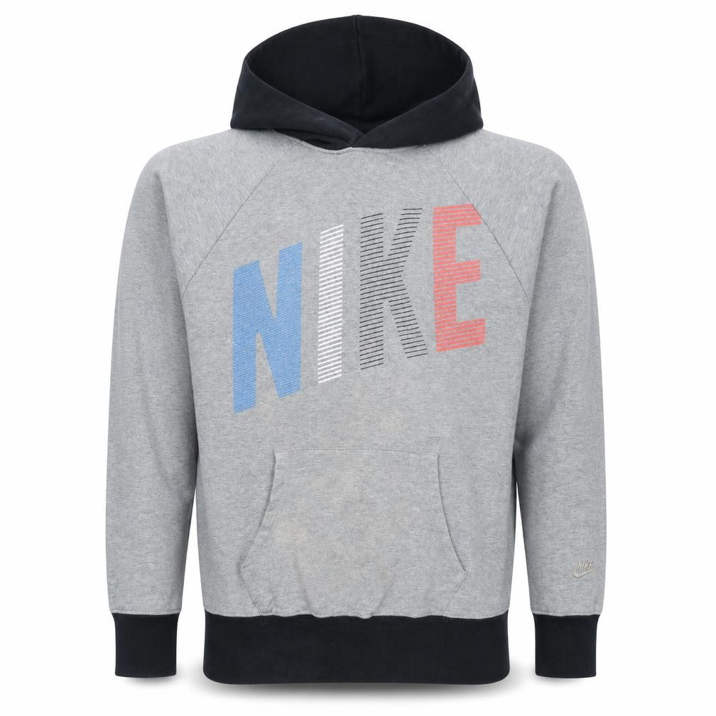 Front view of Nike men’s grey l pullover hoodie graphic sportswear