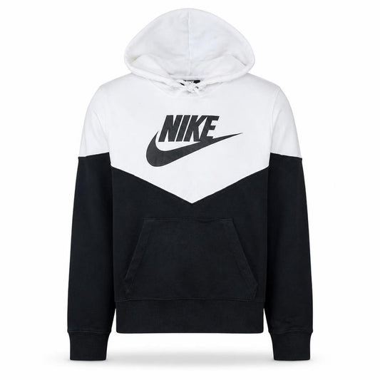 Front view of Nike Men's Black White Pullover Hoodie, size S, Graphic Logo Fleece