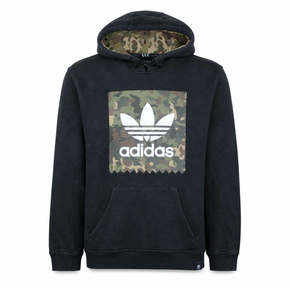 Front view of Adidas Men’s Black Camouflage Trefoil Logo Pullover Hoodie, size S