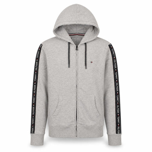 Front view of Tommy Hilfiger Men's Grey Full Zip Hoodie, size S, Logo Tape Sleeve