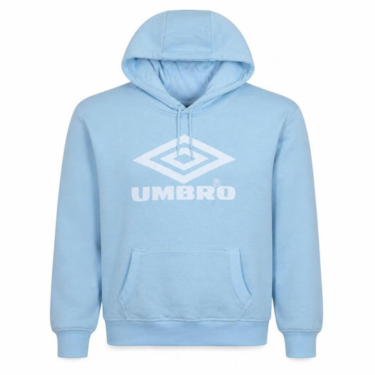 Front view of Umbro Men's Blue Pullover Hoodie, size M, Sports Fleece Sweatshirt