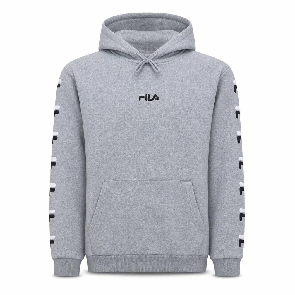 Front view of Fila Men's Grey Pullover Hoodie M Regular Fit Logo Sportswear