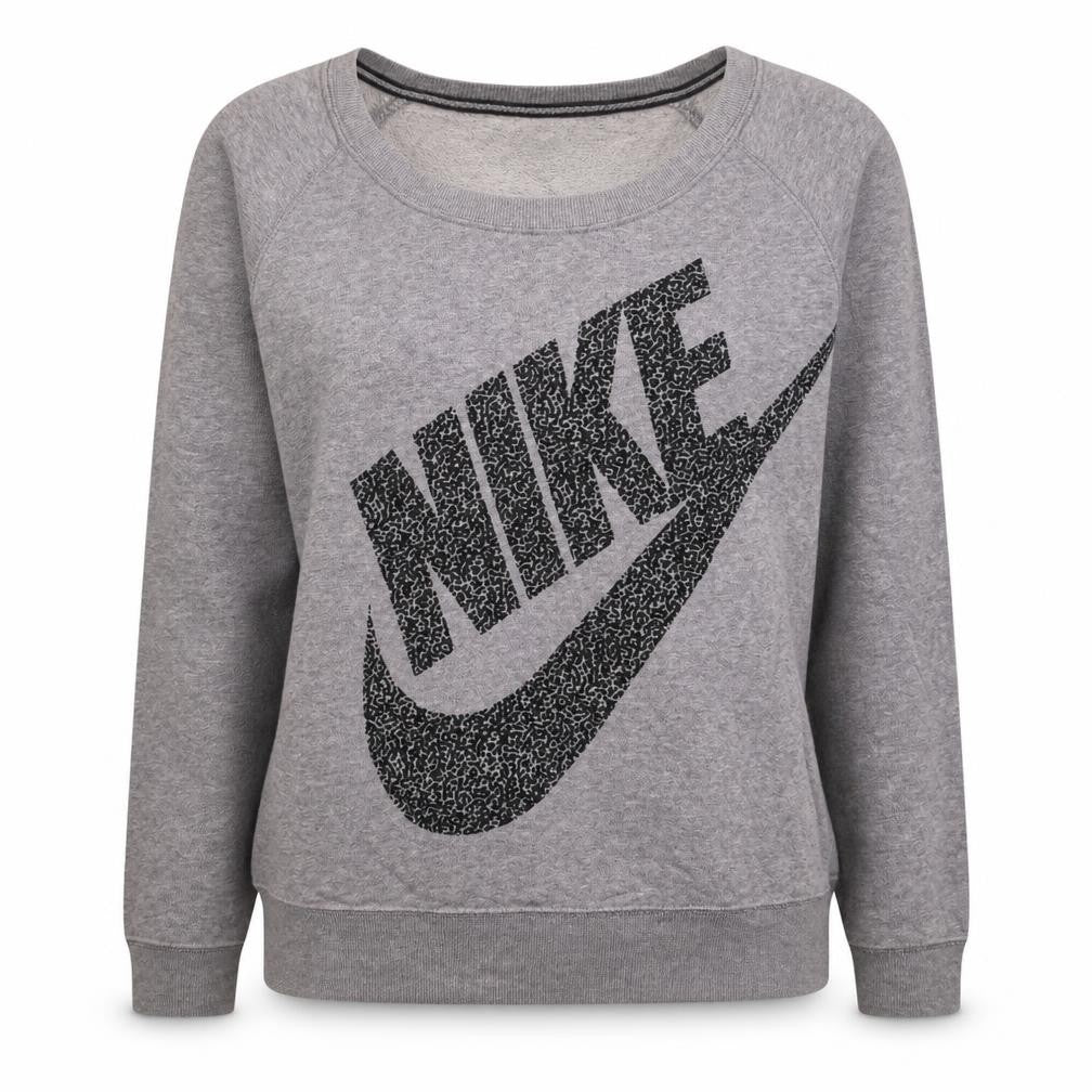 Front view of Nike women’s grey graphic logo pullover sweatshirt, size M