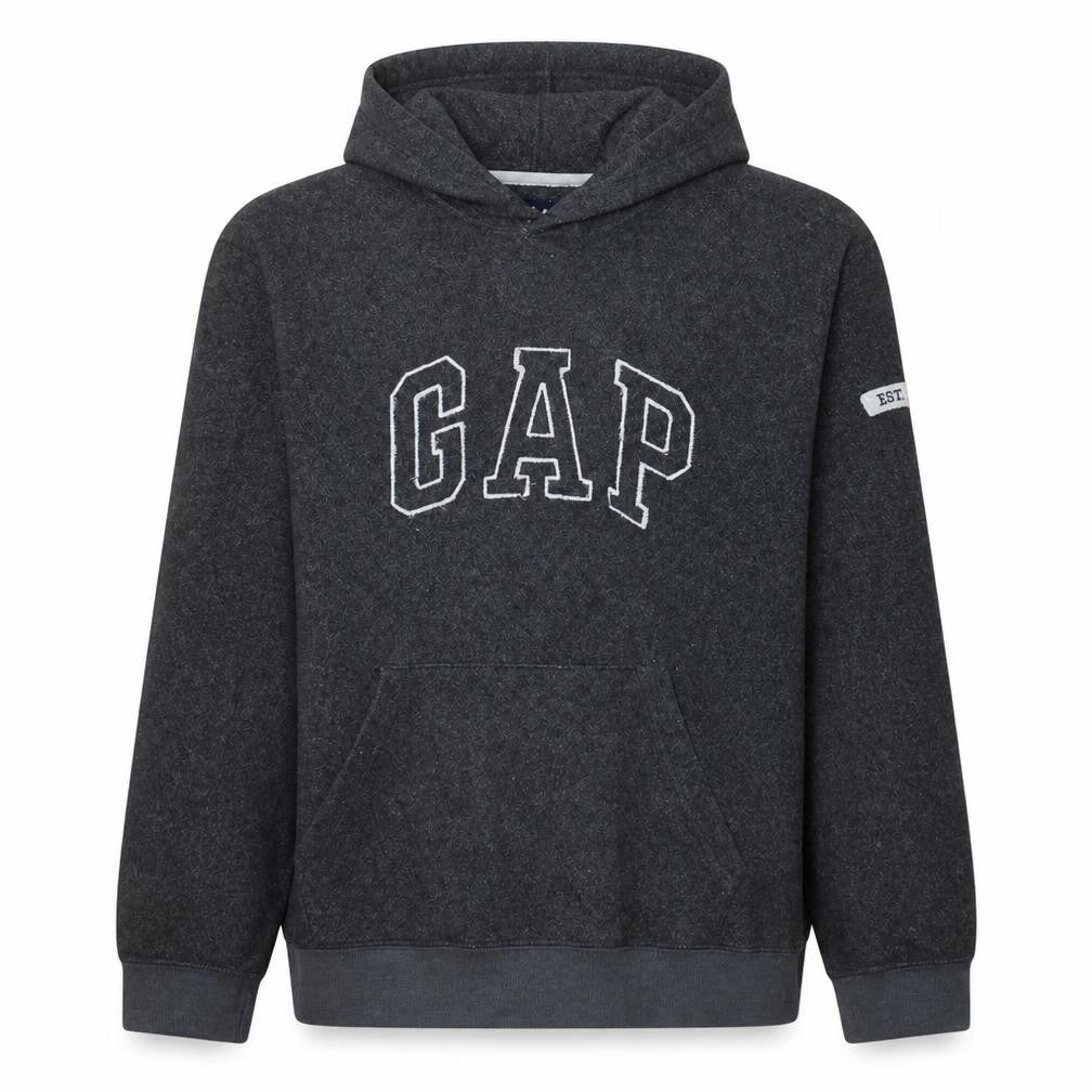 Front view of Gap Men Grey Pullover Hoodie M Logo Fleece Sweatshirt