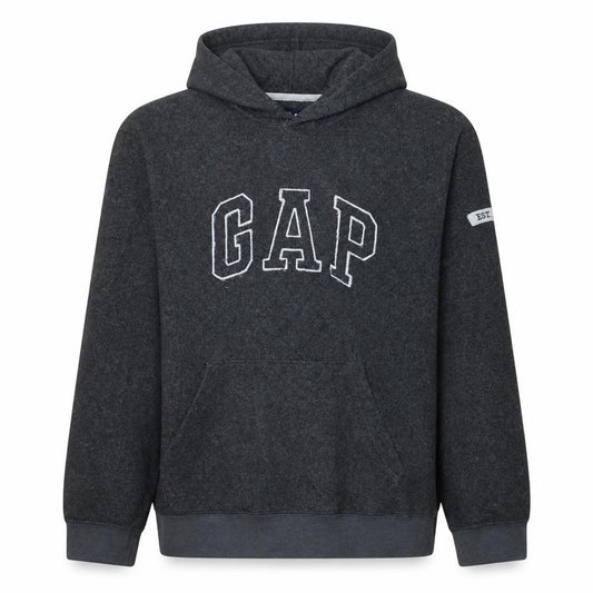 Front view of Gap Men Grey Pullover Hoodie M Logo Fleece Sweatshirt
