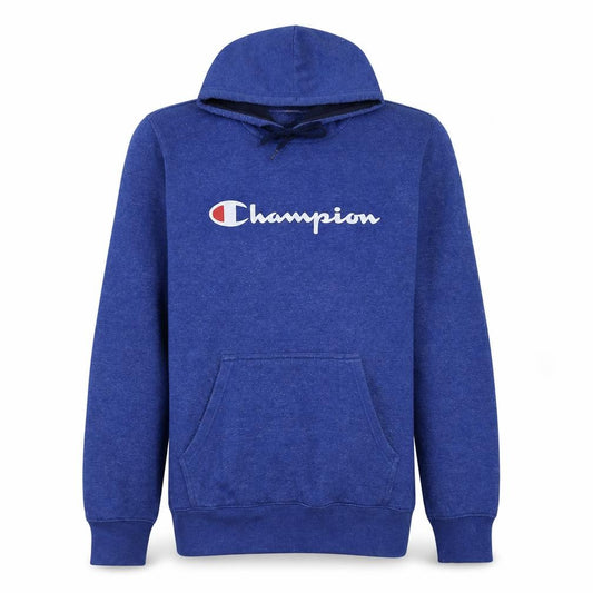 Front view of Champion Men's Blue Pullover Hoodie Large Graphic Logo Fleece