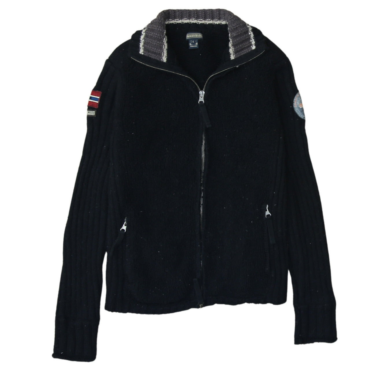 Napapijri Women Black Wool Full Zip Jumper L Winter Casual Knit
