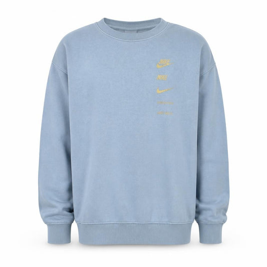 Front view of Nike men’s grey small crew neck pullover sweatshirt with gold logo