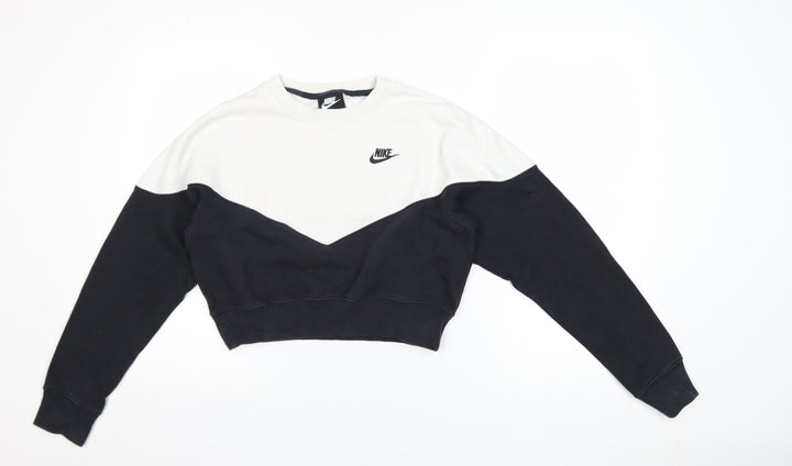 Nike Women Black & Beige Colourblock Cropped Pullover Sweatshirt Size S