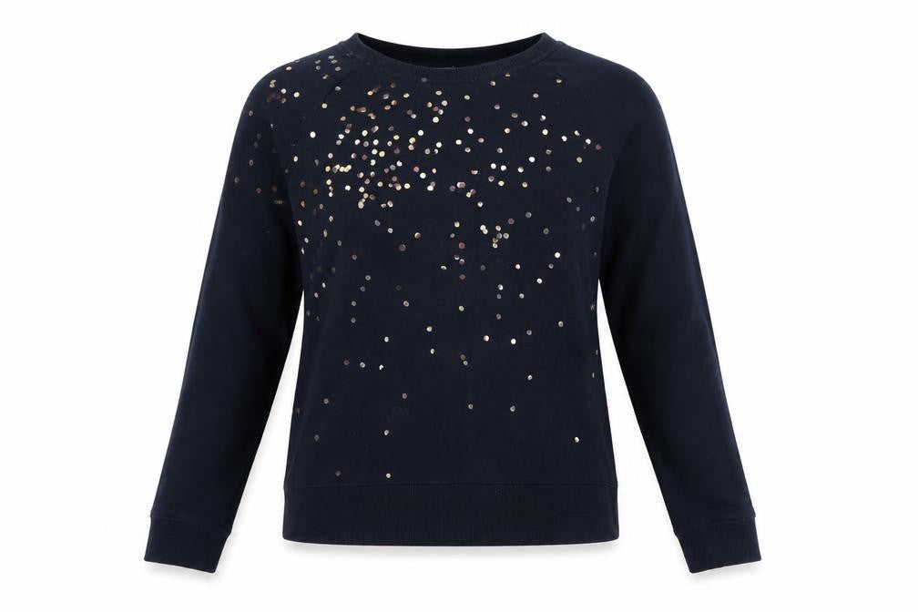 Front view of Hush women’s navy sequin pullover sweatshirt xs