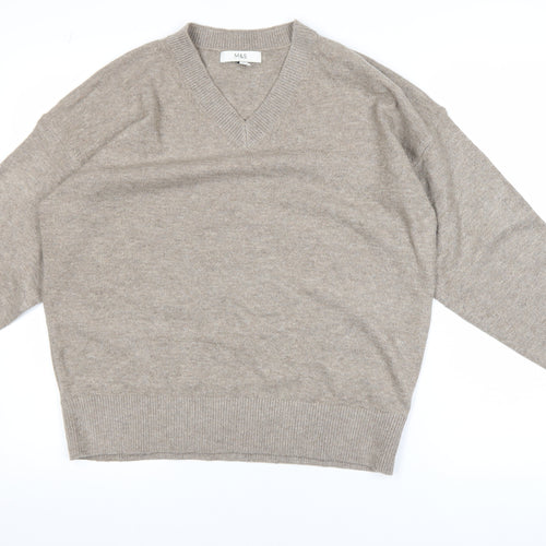 Marks and Spencer Women Beige Wool Blend V-Neck Jumper M
