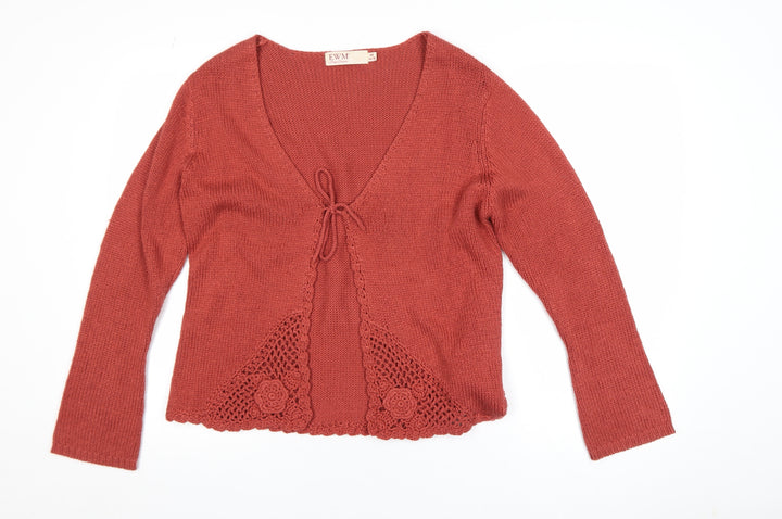 EWM Women Rust Red Crochet Trim Cardigan Size 14/16 Acrylic Knit