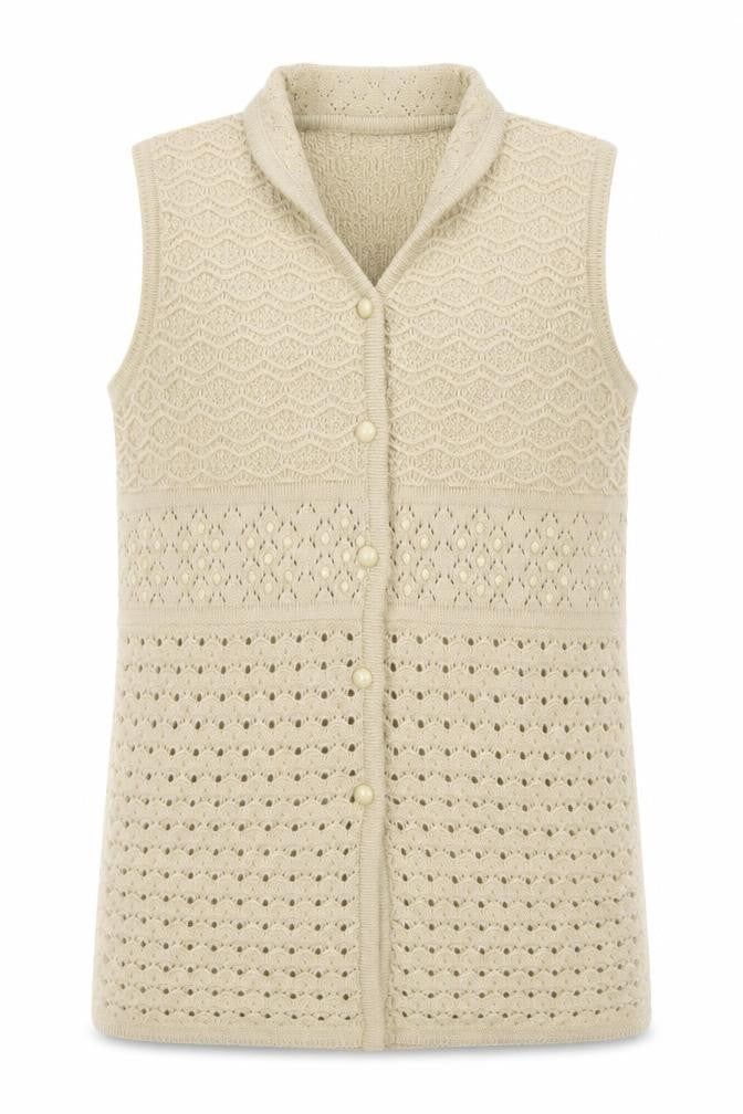FAX KNIT Women’s Beige Cotton Sleeveless Collared Vest M