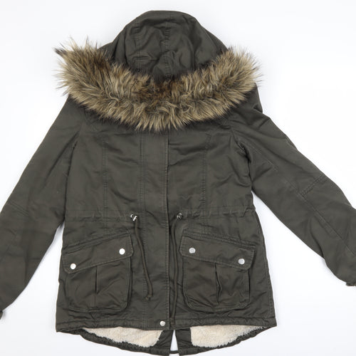 DIVIDED Women’s Green Fur Trim Hooded Parka Coat Size 10