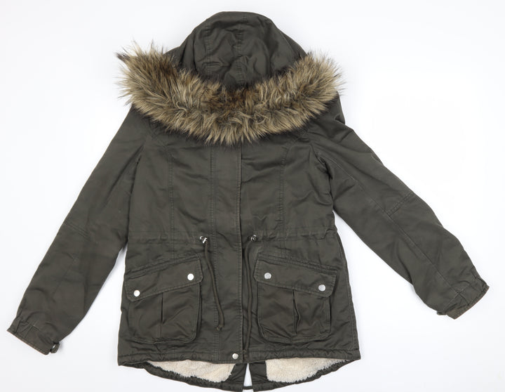 DIVIDED Women’s Green Fur Trim Hooded Parka Coat Size 10