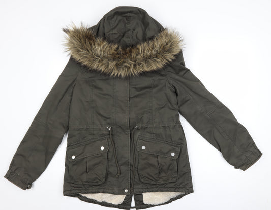 DIVIDED Women’s Green Fur Trim Hooded Parka Coat Size 10