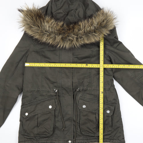 DIVIDED Women’s Green Fur Trim Hooded Parka Coat Size 10