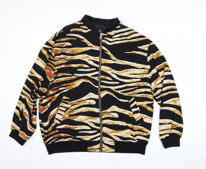 River Island Women Black Animal Print Bomber Jacket Medium Polyester Zip Up