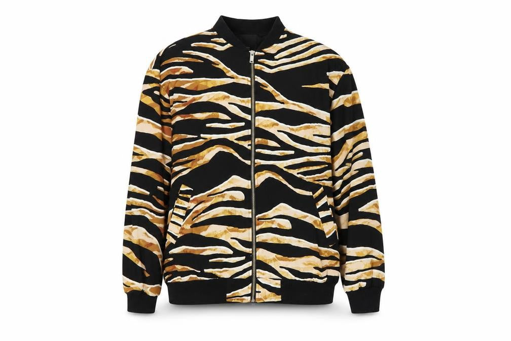 Front view of River Island Women Black Animal Print Bomber Jacket Medium Polyester Zip Up