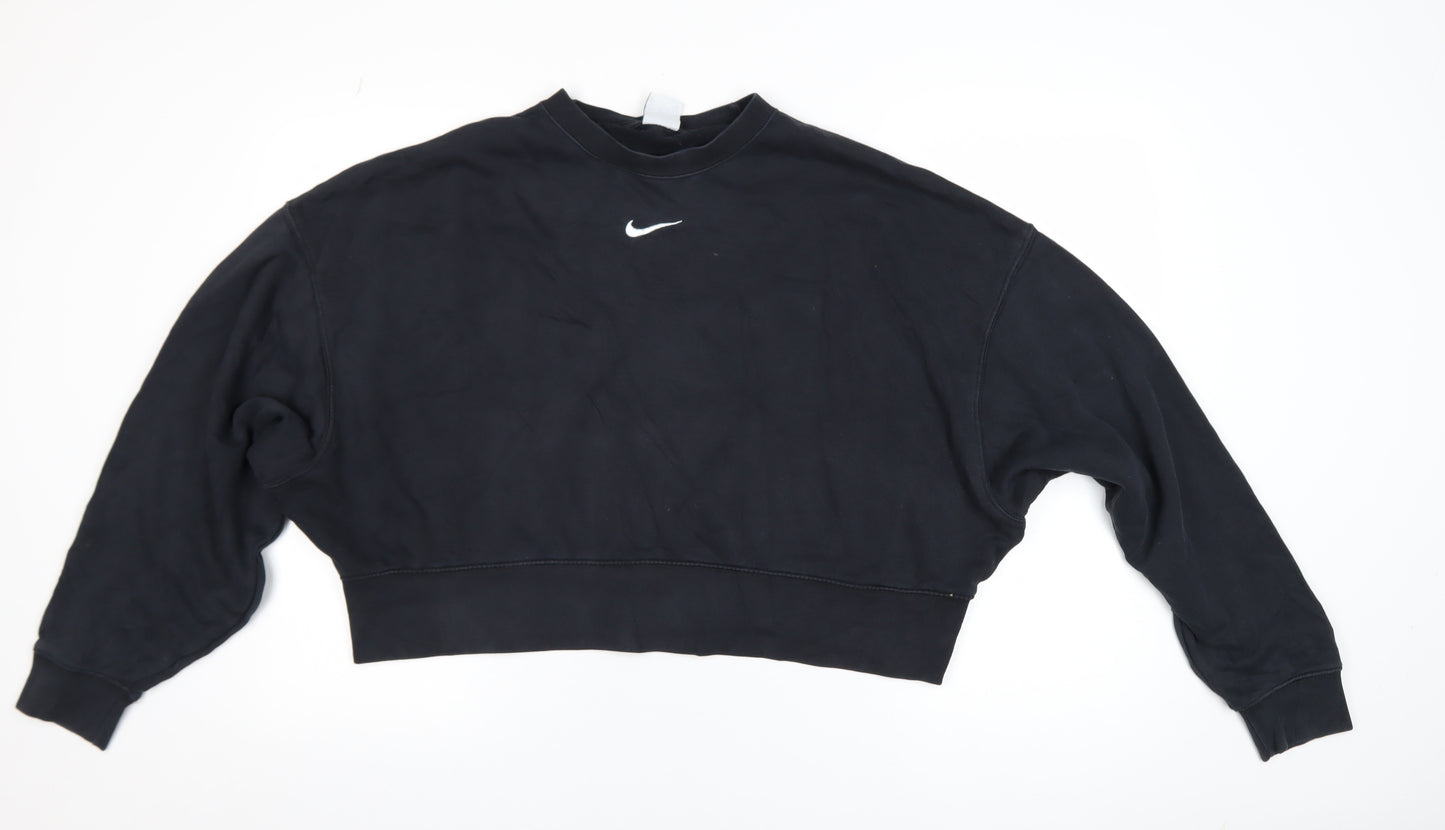 Nike Women Black Small Cropped Pullover Sweatshirt Logo Crew Neck