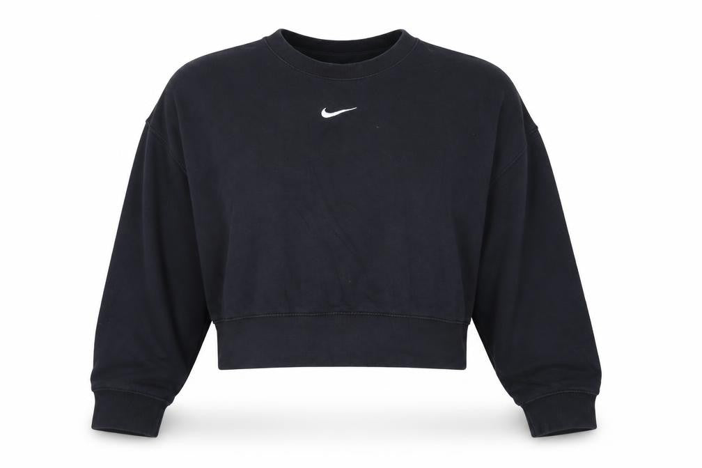 Front view of Nike Women Black Small Cropped Pullover Sweatshirt Logo Crew Neck