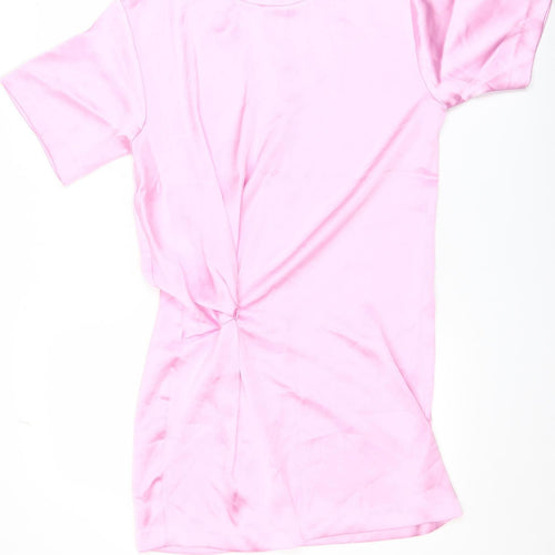 ZARA Women Pink XS Short Sleeve Ruched Satin T-Shirt Dress