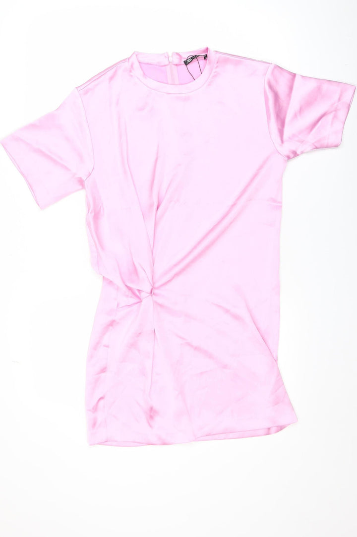 ZARA Women Pink XS Short Sleeve Ruched Satin T-Shirt Dress