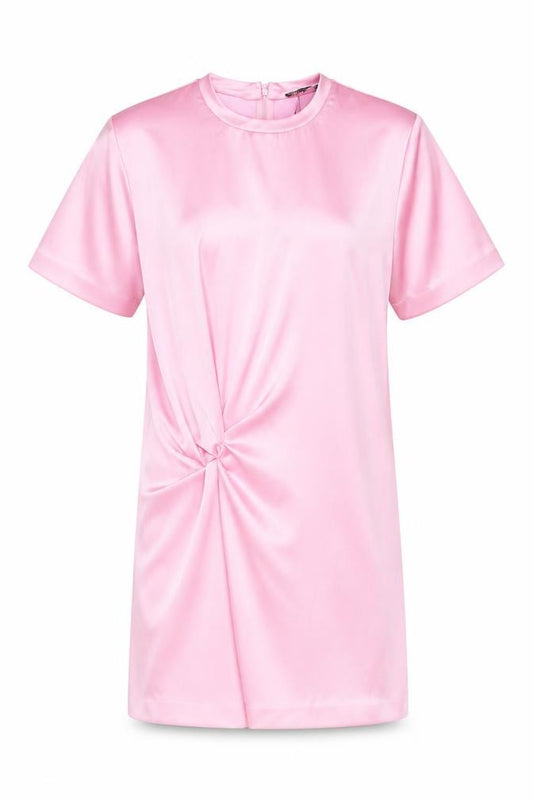 Front view of Zara Women Pink XS Short Sleeve Ruched Satin T-Shirt Dress