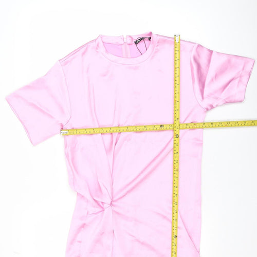 ZARA Women Pink XS Short Sleeve Ruched Satin T-Shirt Dress