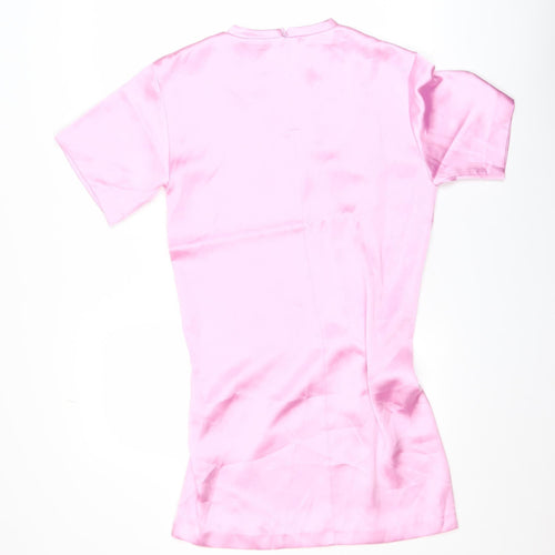 ZARA Women Pink XS Short Sleeve Ruched Satin T-Shirt Dress