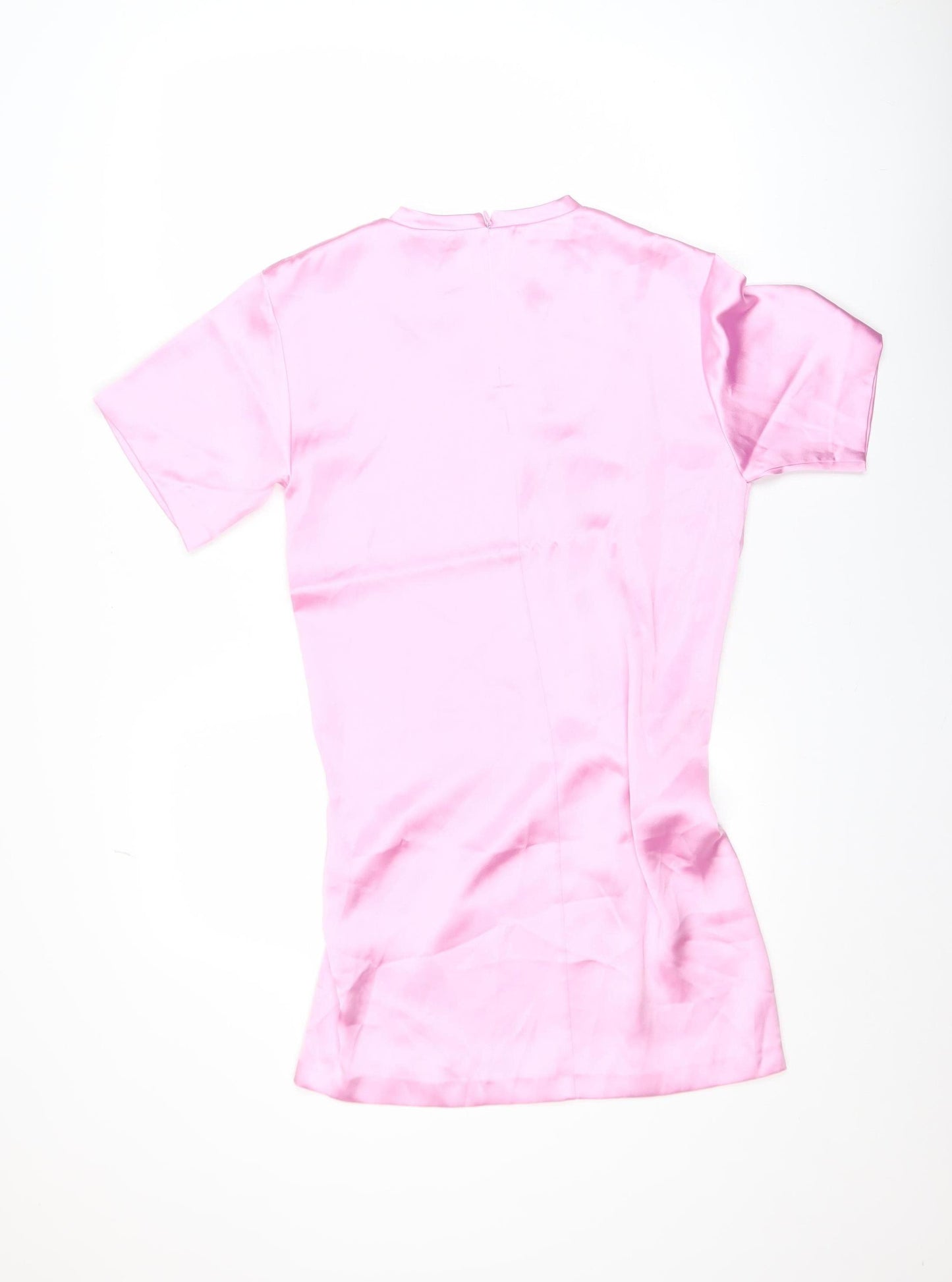 ZARA Women Pink XS Short Sleeve Ruched Satin T-Shirt Dress