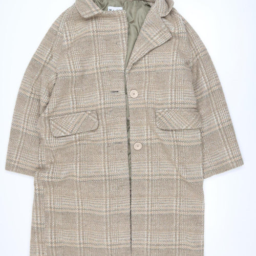 NA-KD Women Beige Check Wool Blend Long Overcoat Size 10