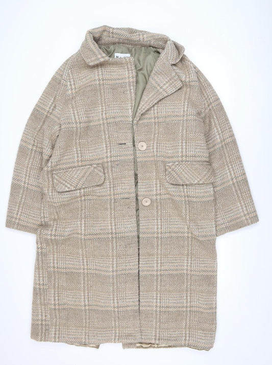 NA-KD Women Beige Check Wool Blend Long Overcoat Size 10