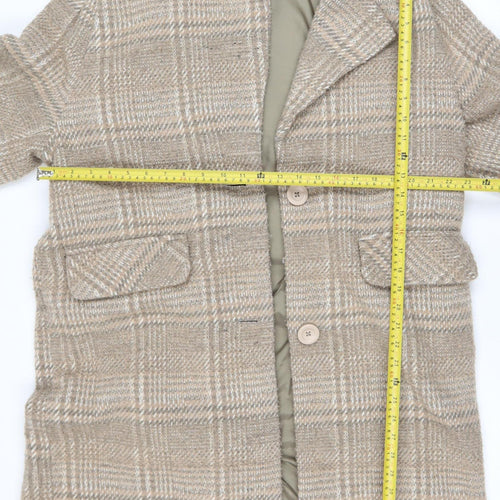 NA-KD Women Beige Check Wool Blend Long Overcoat Size 10