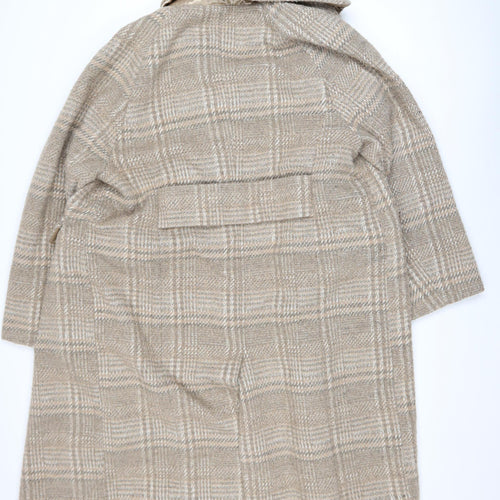 NA-KD Women Beige Check Wool Blend Long Overcoat Size 10