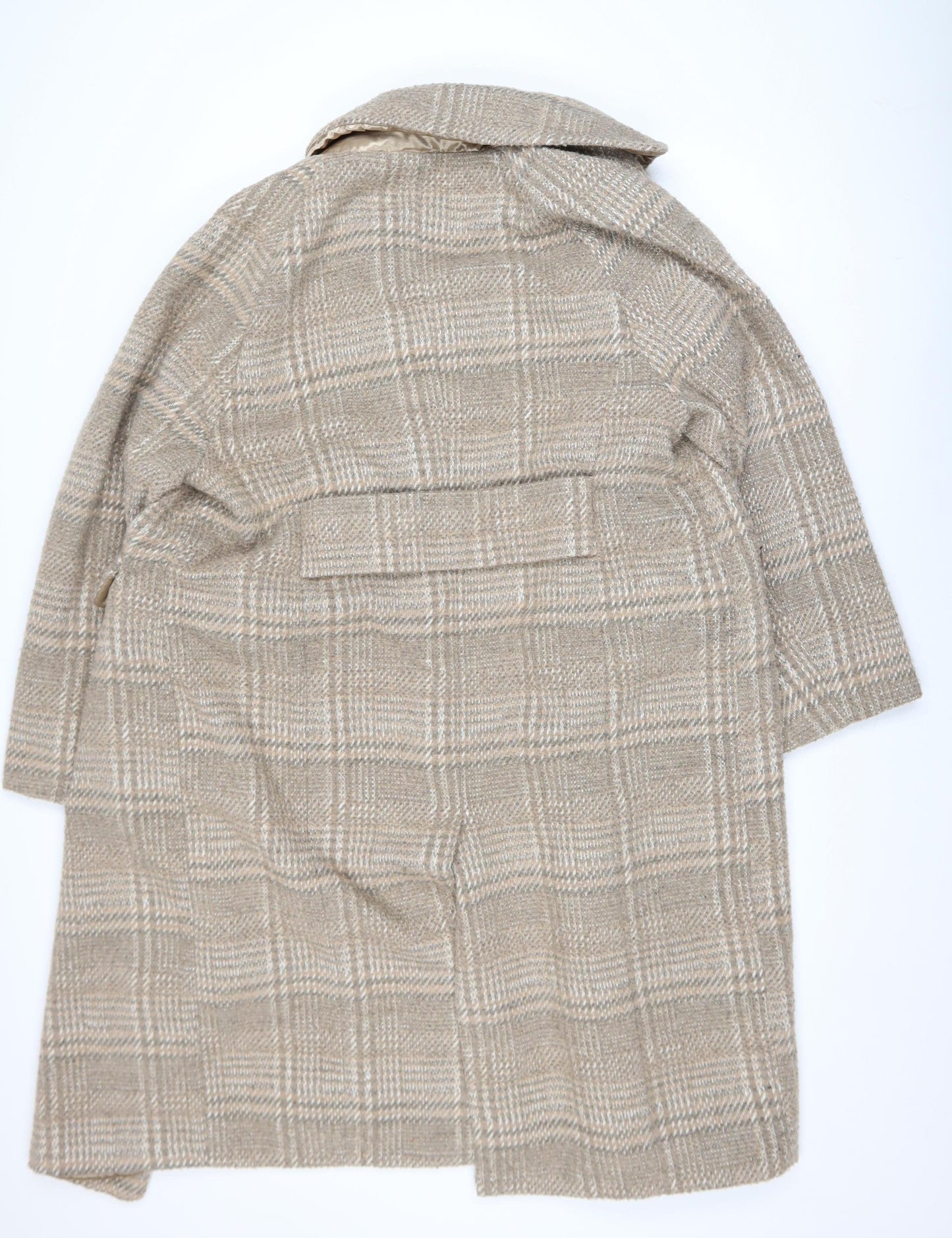 NA-KD Women Beige Check Wool Blend Long Overcoat Size 10