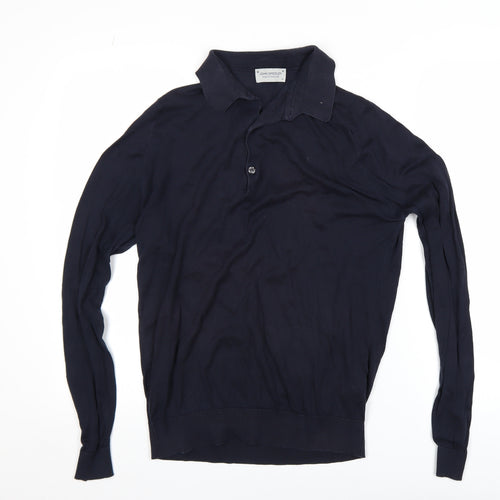 John Smedley Men's Blue Cotton Collared Henley Jumper Size M