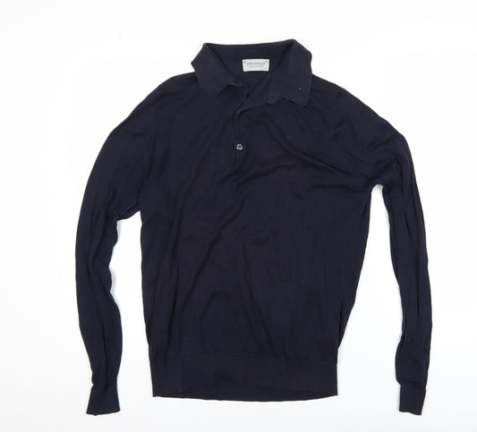 John Smedley Men's Blue Cotton Collared Henley Jumper Size M