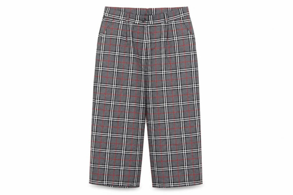 Front view of Şen Bebe Women’s Grey Plaid Cropped Trousers, size S