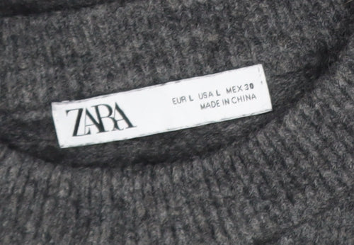 Zara Women Grey Wool Blend Crew Neck Long Sleeve Pullover Jumper Size L