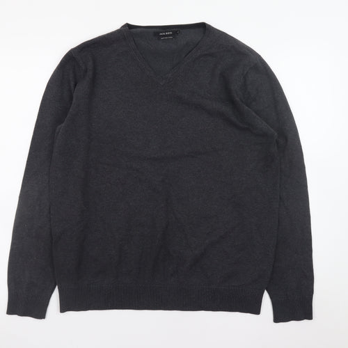 Jack Reid Men's Grey V-Neck Cotton Blend Jumper M