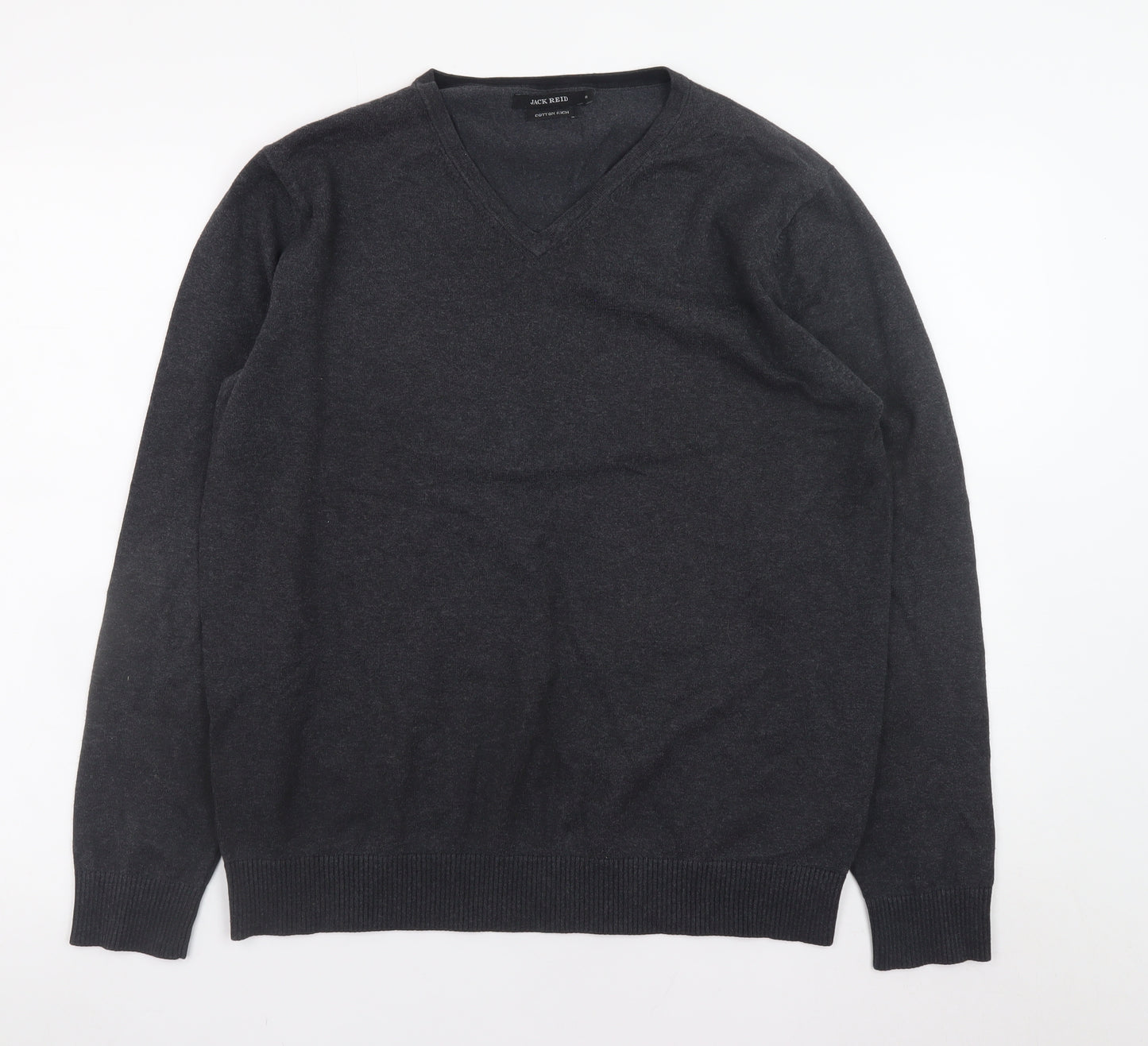 Jack Reid Men's Grey V-Neck Cotton Blend Jumper M