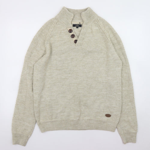 EASY Men's Beige Henley Jumper L Wool Blend Knit