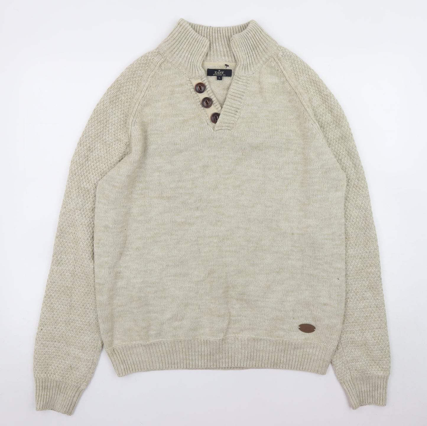EASY Men's Beige Henley Jumper L Wool Blend Knit