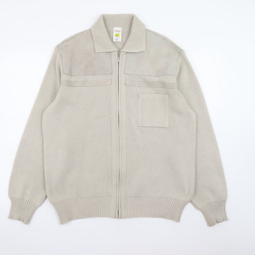 Marks and Spencer Men’s Beige XL Full Zip Knit Jumper with Suede Trim