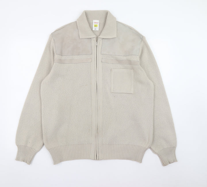 Marks and Spencer Men’s Beige XL Full Zip Knit Jumper with Suede Trim