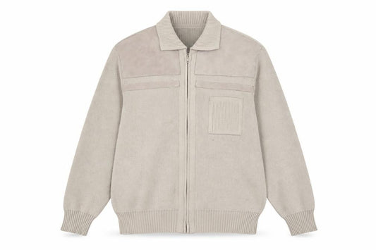 Front view of Marks & Spencer Men’s Beige XL Full Zip Knit Jumper with Suede Trim