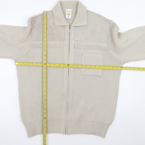 Marks and Spencer Men’s Beige XL Full Zip Knit Jumper with Suede Trim