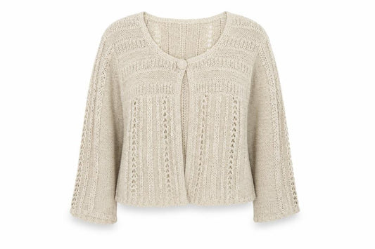 Front view of Principles Women’s Beige Open Knit Long Sleeve Cardigan, size UK 12
